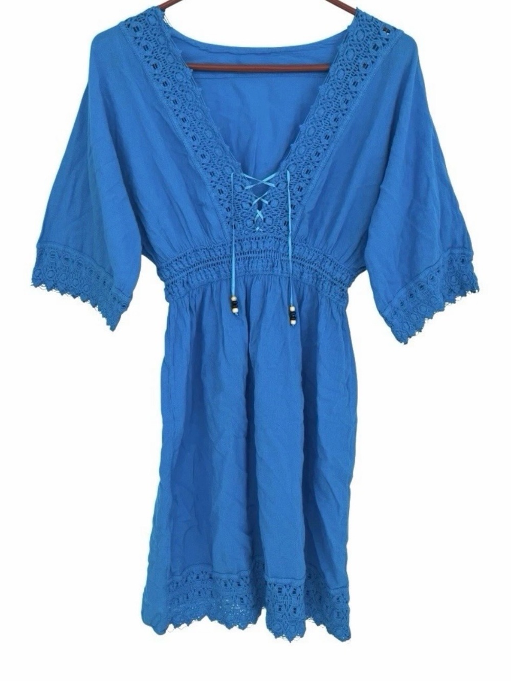 Blue Swim Cover Up Dress Womens S Crochet Lace Trim Beaded Ties Elastic Waist